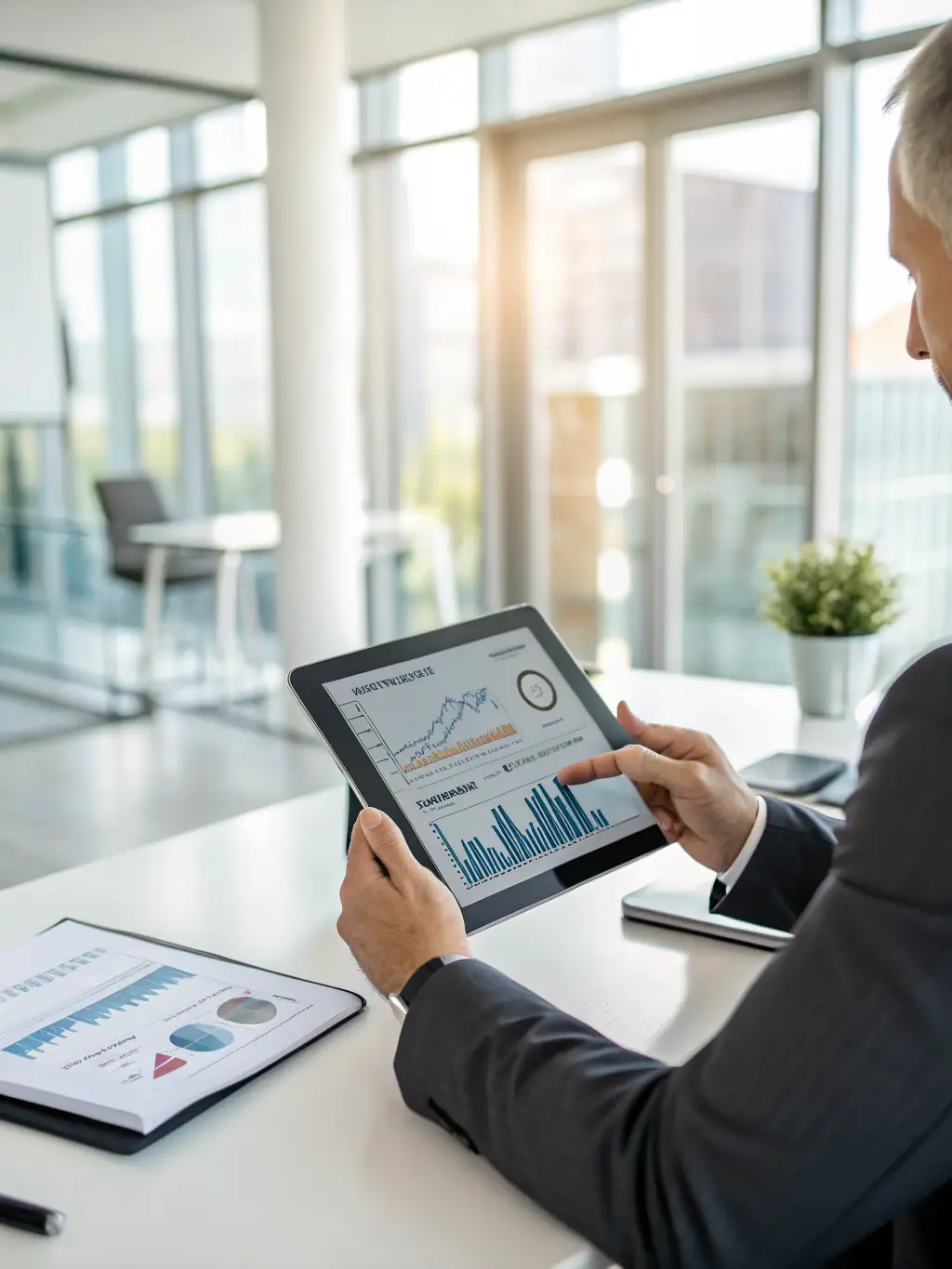 An image of a business professional analyzing financial charts and graphs on a digital tablet, representing Financial Strategy Consulting.